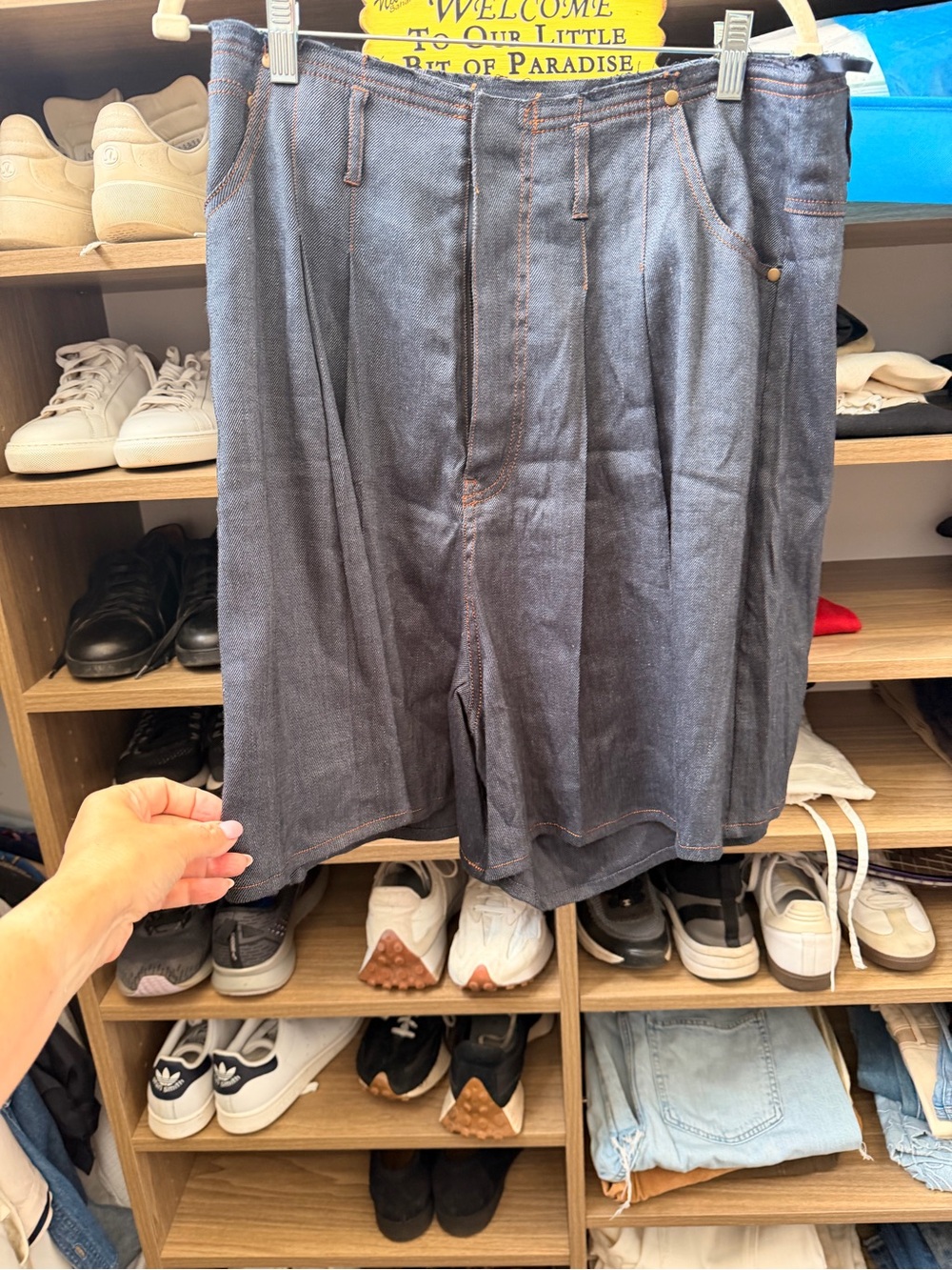 STAUD Dark Denim Pleated Jean Shorts